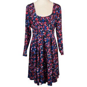 HD in Paris for Anthropologie Red Black Blue Floral Long Sleeve Dress Size L